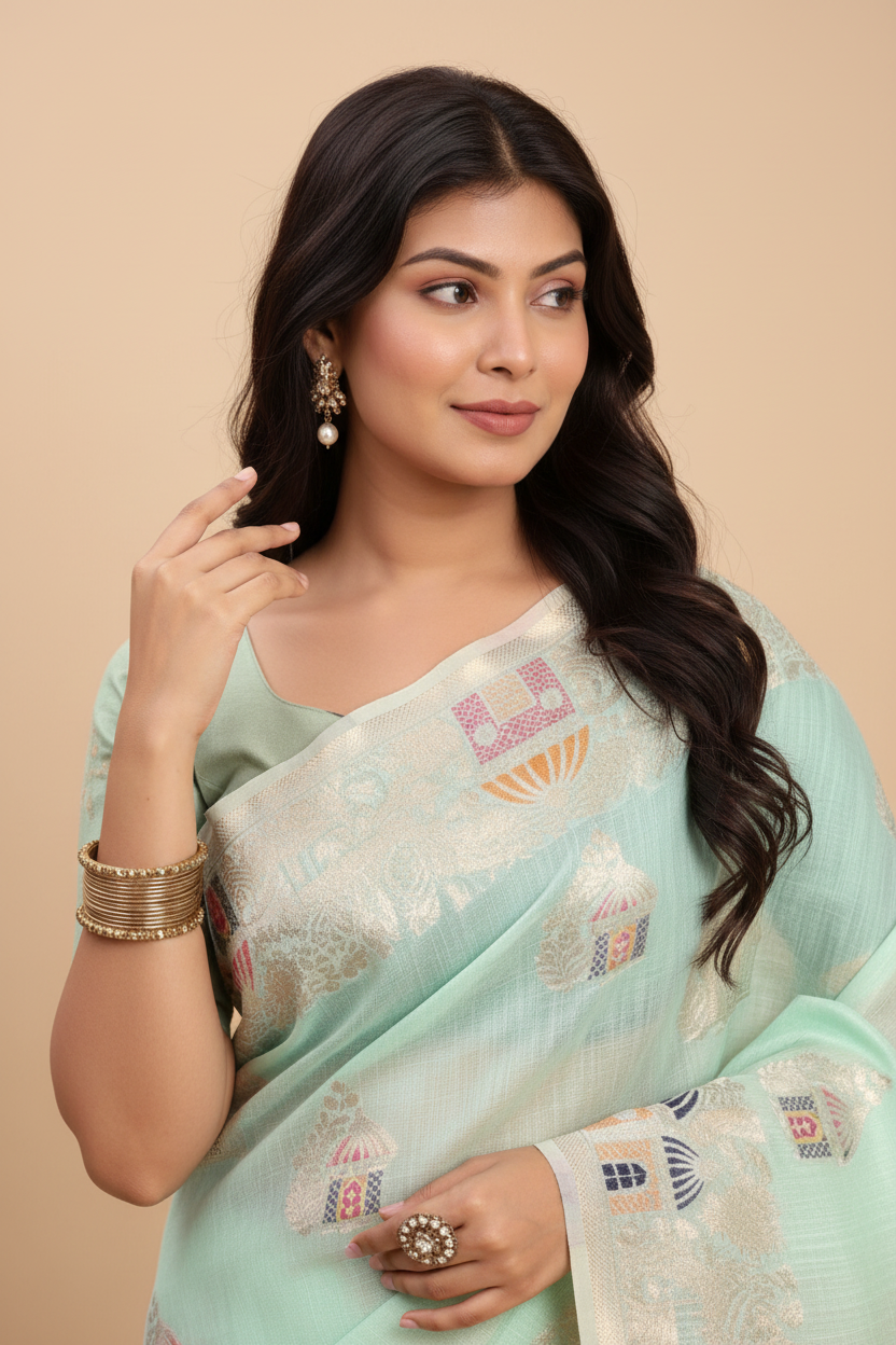 Snuggle Spot Women's Linen Cotton Printed Saree With Unstitched Blouse 5.5Mtr (Sea Green)
