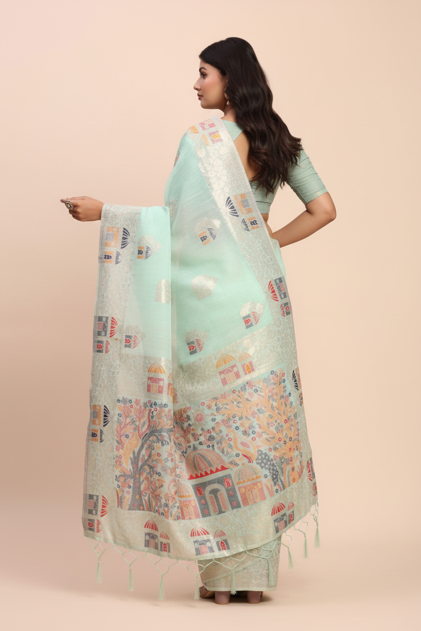 Snuggle Spot Women's Linen Cotton Printed Saree With Unstitched Blouse 5.5Mtr (Sea Green)