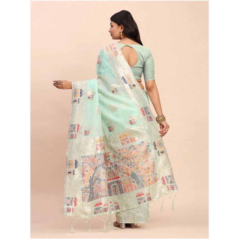 Snuggle Spot Women's Linen Cotton Printed Saree With Unstitched Blouse 5.5Mtr (Sea Green)