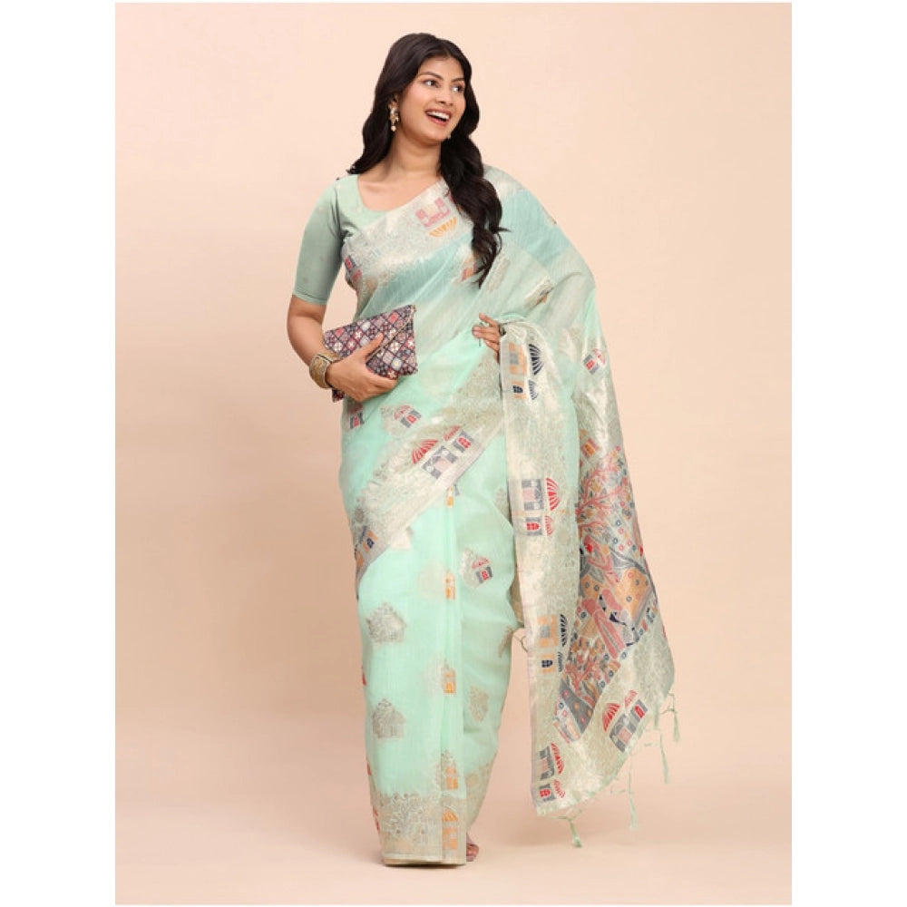 Snuggle Spot Women's Linen Cotton Printed Saree With Unstitched Blouse 5.5Mtr (Sea Green)