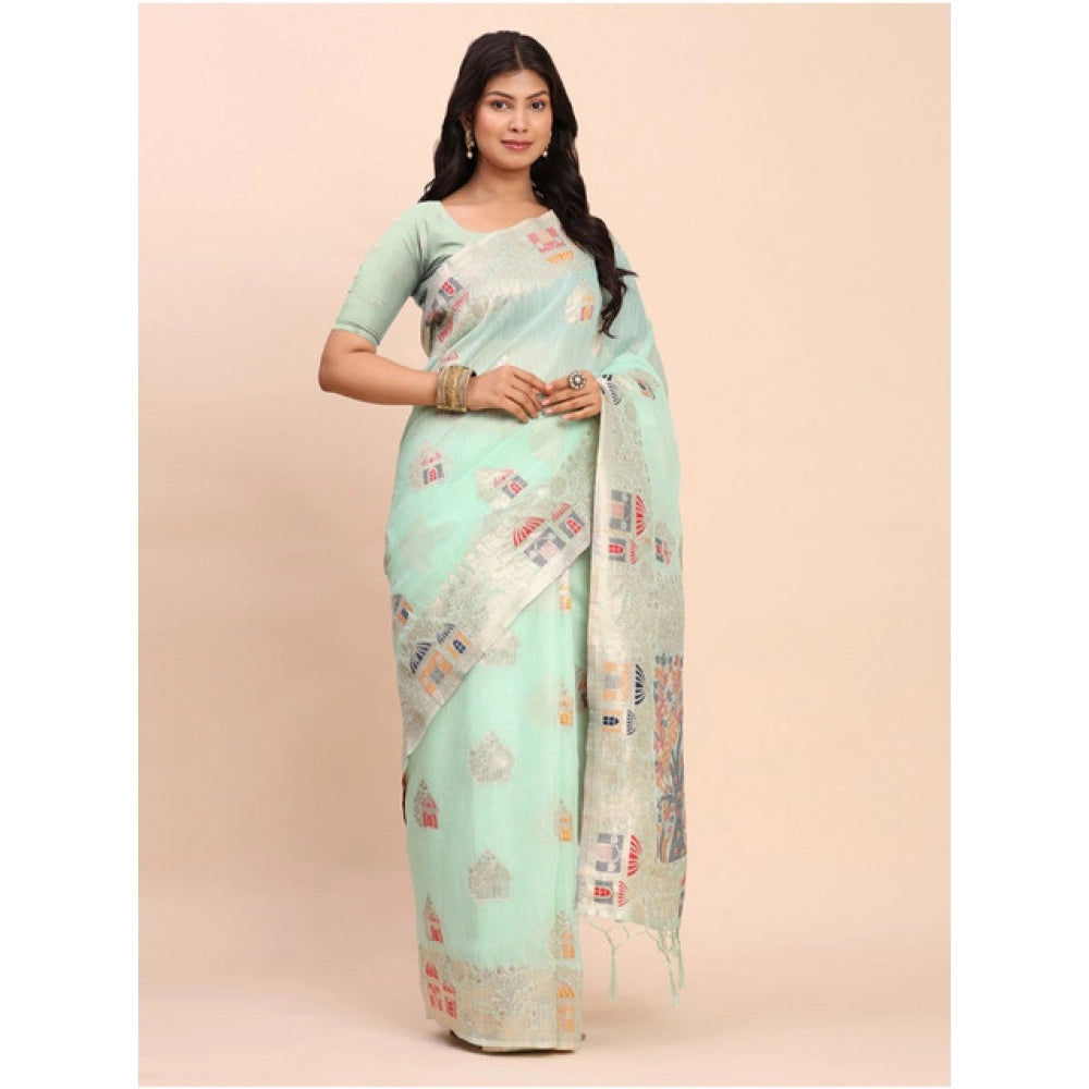 Snuggle Spot Women's Linen Cotton Printed Saree With Unstitched Blouse 5.5Mtr (Sea Green)