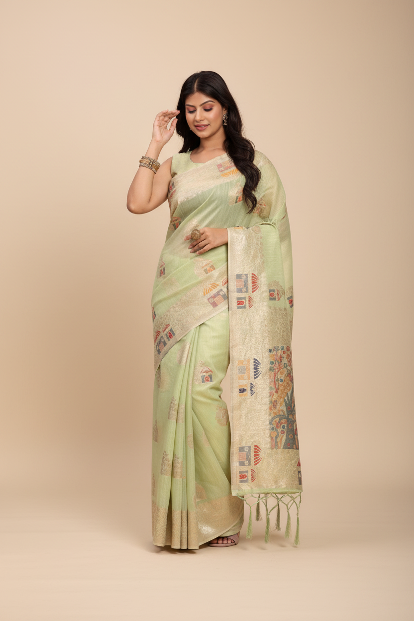 Snuggle Spot Women's Linen Cotton Printed Saree With Unstitched Blouse 5.5Mtr (Light Green)