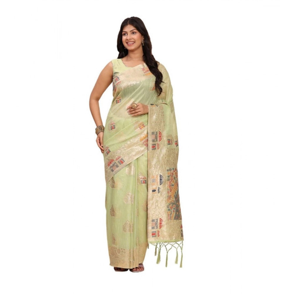 Snuggle Spot Women's Linen Cotton Printed Saree With Unstitched Blouse 5.5Mtr (Light Green)