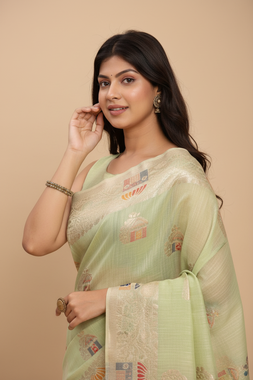 Snuggle Spot Women's Linen Cotton Printed Saree With Unstitched Blouse 5.5Mtr (Light Green)