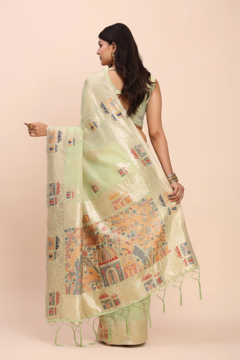 Snuggle Spot Women's Linen Cotton Printed Saree With Unstitched Blouse 5.5Mtr (Light Green)