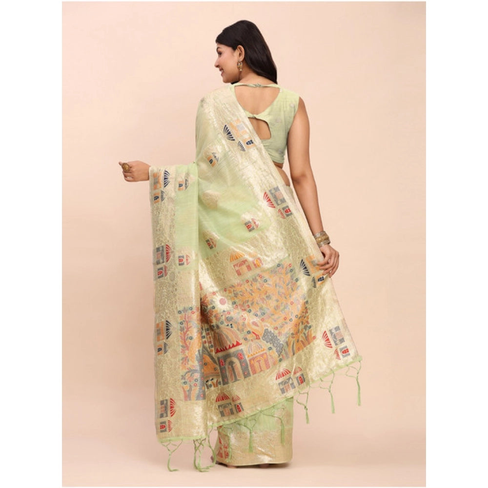 Snuggle Spot Women's Linen Cotton Printed Saree With Unstitched Blouse 5.5Mtr (Light Green)