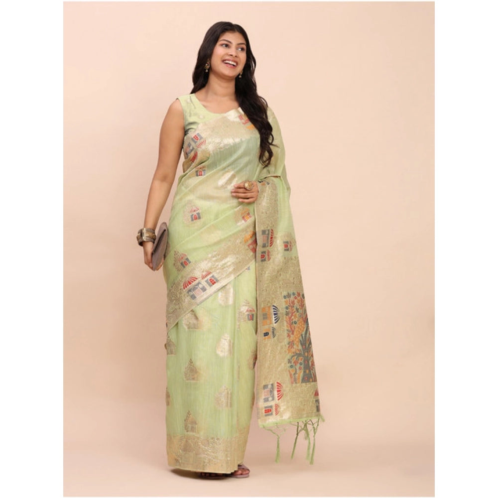 Snuggle Spot Women's Linen Cotton Printed Saree With Unstitched Blouse 5.5Mtr (Light Green)