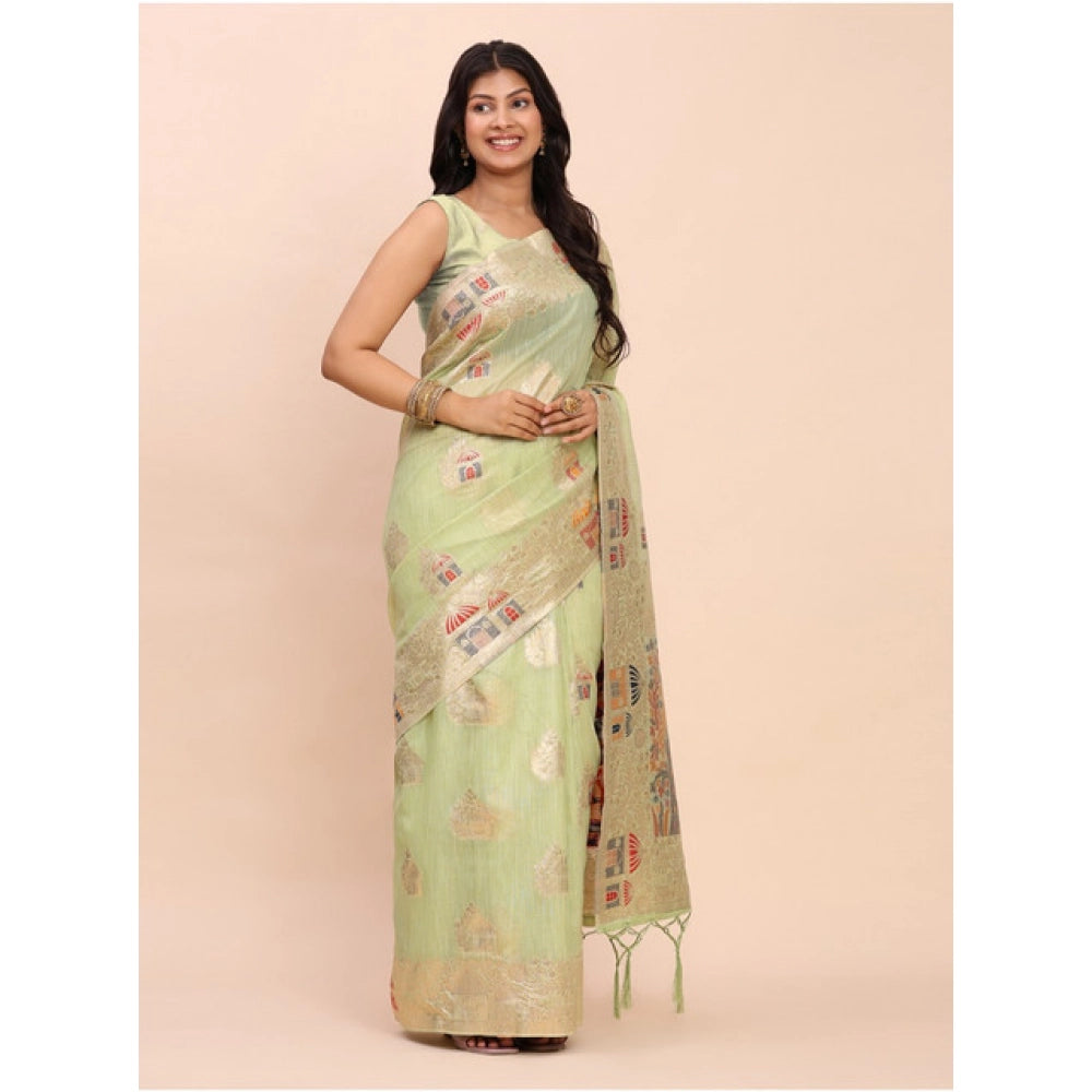 Snuggle Spot Women's Linen Cotton Printed Saree With Unstitched Blouse 5.5Mtr (Light Green)