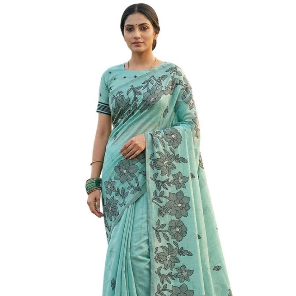 Snuggle Spot Women's Linen Cotton Printed Saree With Unstitched Blouse 5.5Mtr (Sea Green)