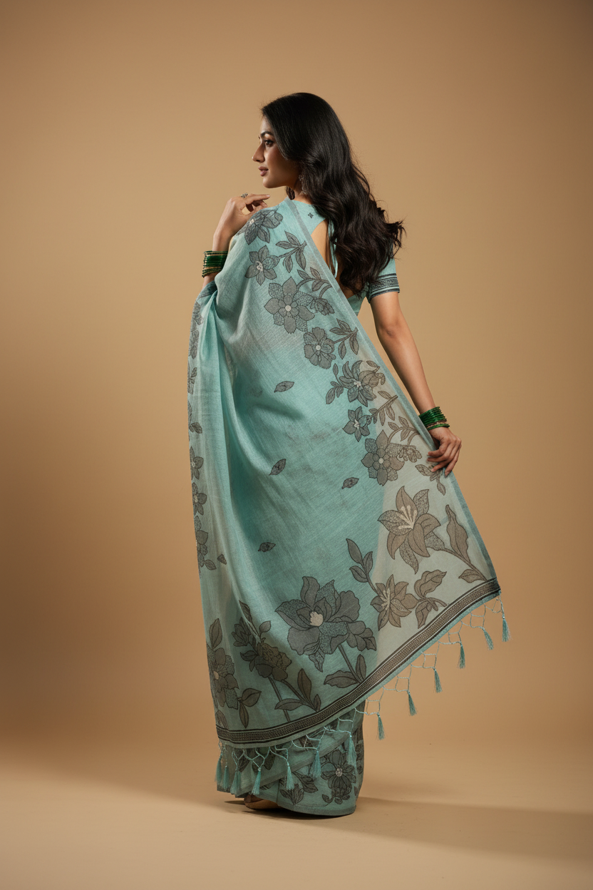 Snuggle Spot Women's Linen Cotton Printed Saree With Unstitched Blouse 5.5Mtr (Sea Green)