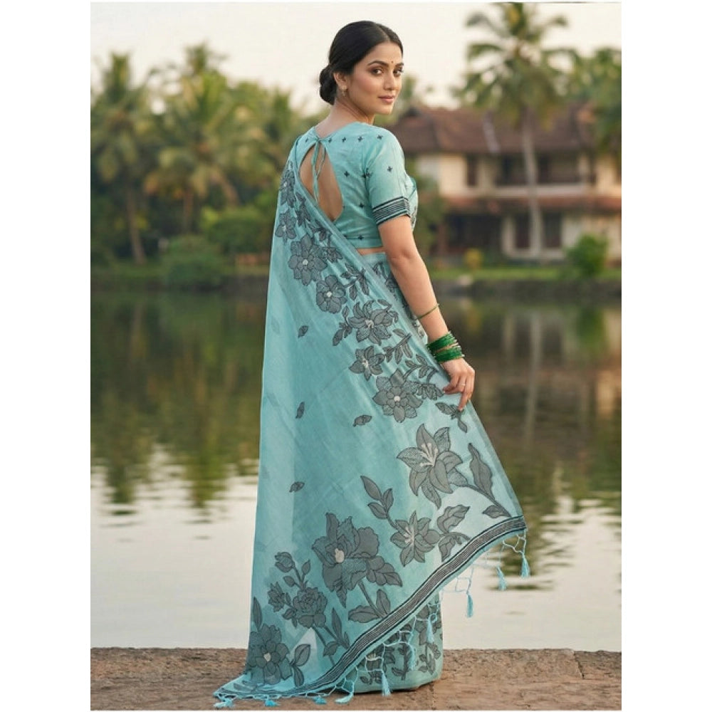 Snuggle Spot Women's Linen Cotton Printed Saree With Unstitched Blouse 5.5Mtr (Sea Green)