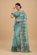 Snuggle Spot Women's Linen Cotton Printed Saree With Unstitched Blouse 5.5Mtr (Sea Green)