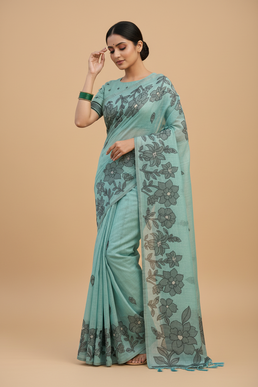 Snuggle Spot Women's Linen Cotton Printed Saree With Unstitched Blouse 5.5Mtr (Sea Green)