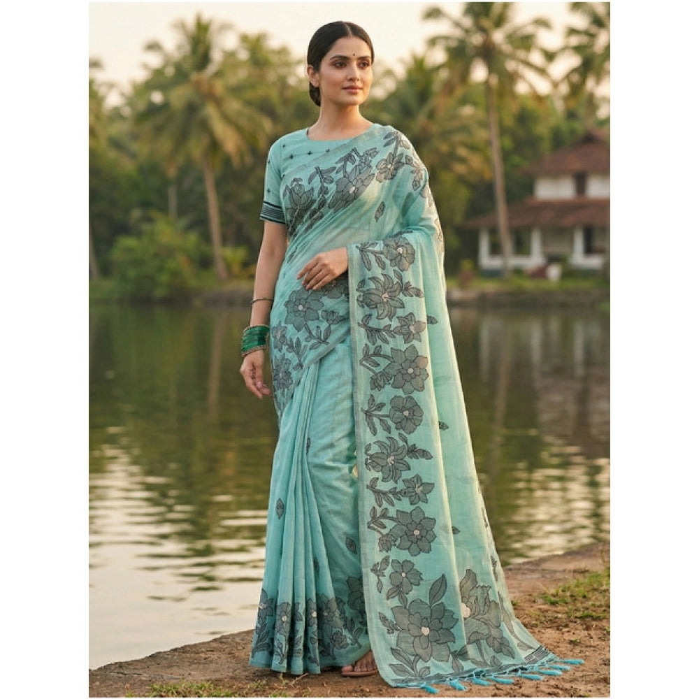 Snuggle Spot Women's Linen Cotton Printed Saree With Unstitched Blouse 5.5Mtr (Sea Green)
