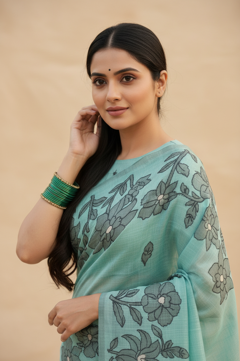 Snuggle Spot Women's Linen Cotton Printed Saree With Unstitched Blouse 5.5Mtr (Sea Green)