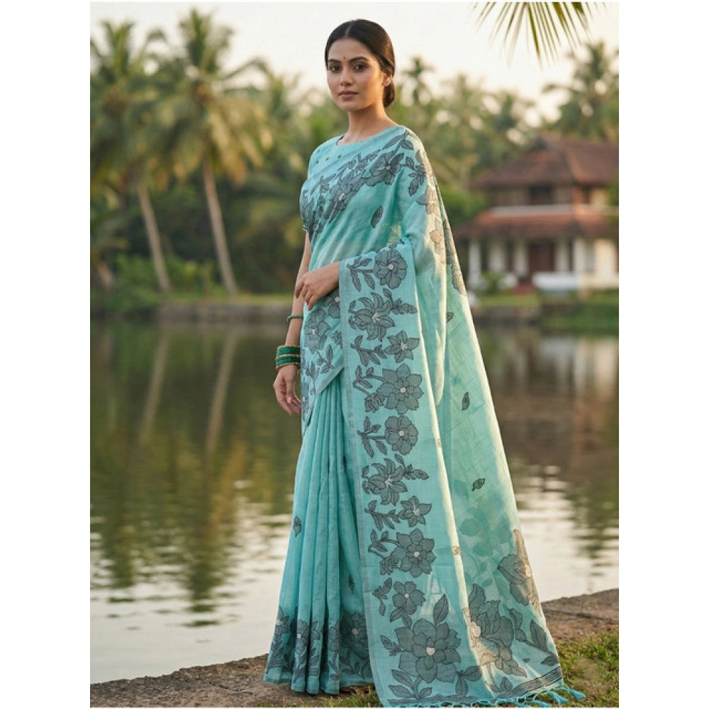 Snuggle Spot Women's Linen Cotton Printed Saree With Unstitched Blouse 5.5Mtr (Sea Green)