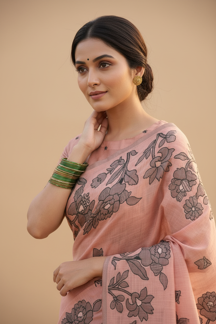 Snuggle Spot Women's Linen Cotton Printed Saree With Unstitched Blouse 5.5Mtr (Orange)