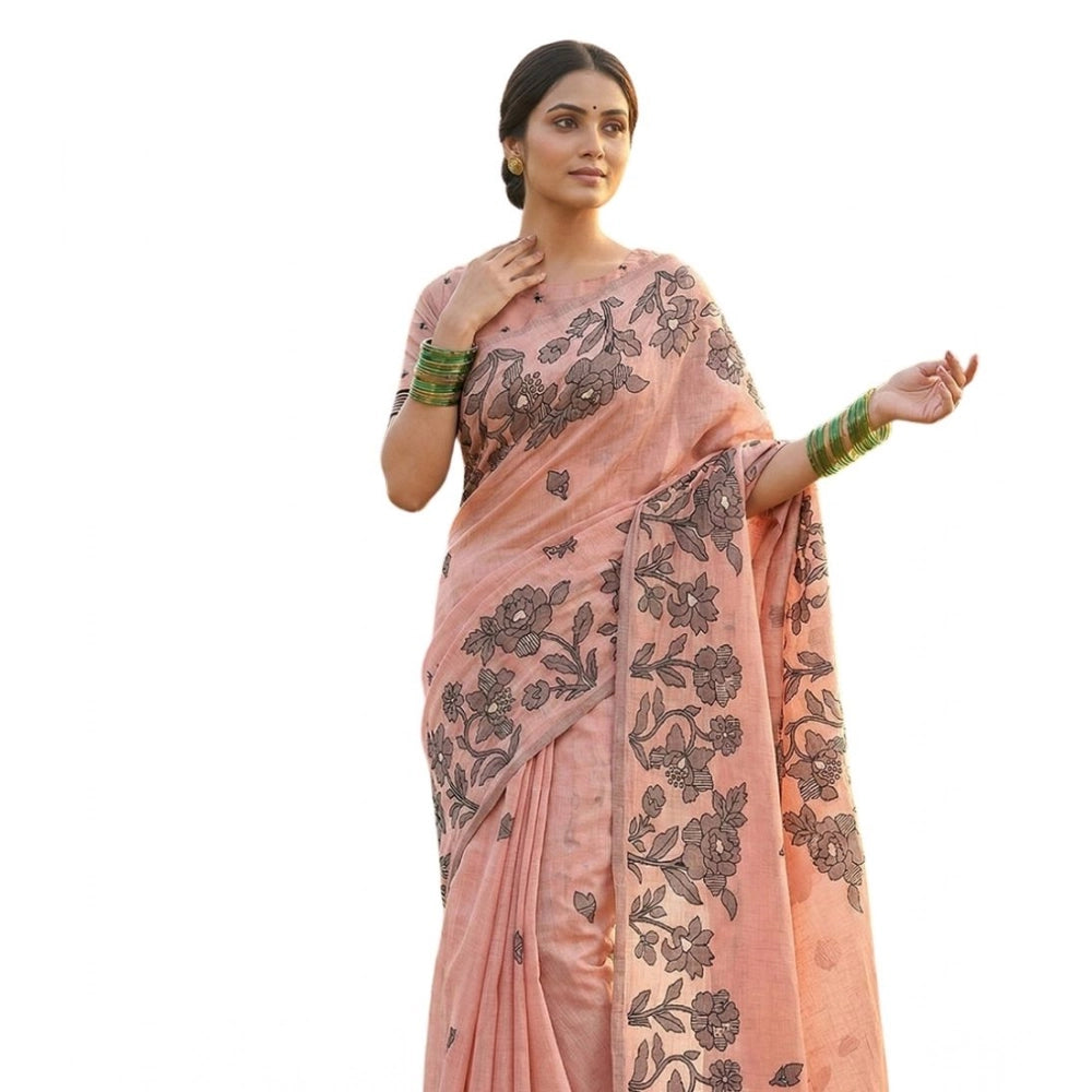 Snuggle Spot Women's Linen Cotton Printed Saree With Unstitched Blouse 5.5Mtr (Orange)