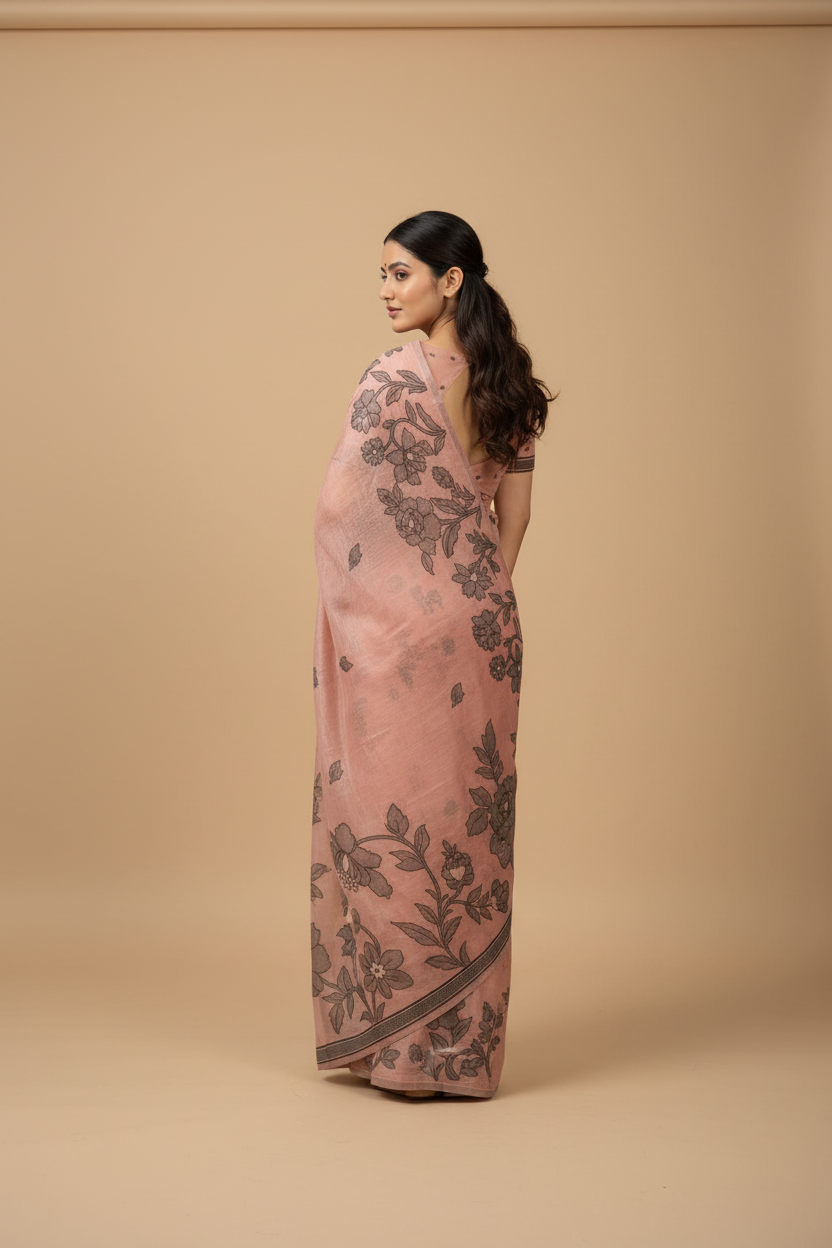 Snuggle Spot Women's Linen Cotton Printed Saree With Unstitched Blouse 5.5Mtr (Peach)