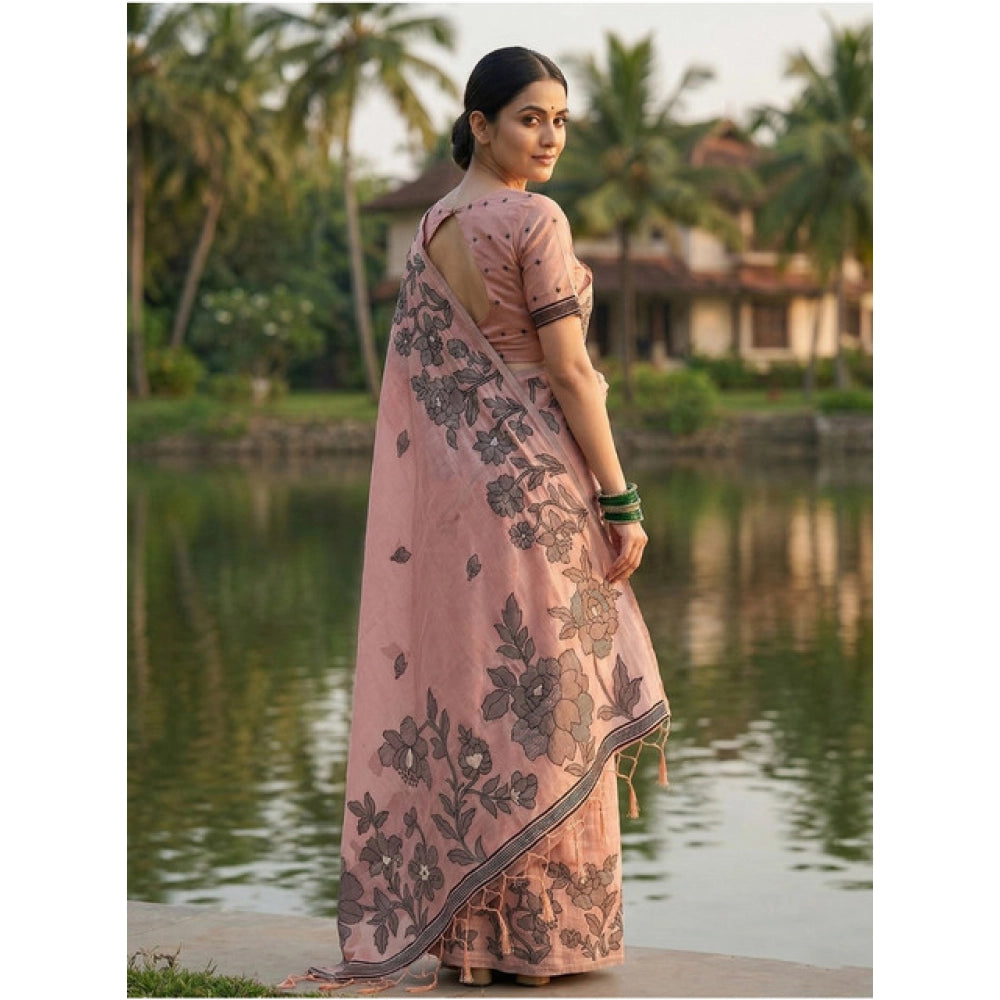 Snuggle Spot Women's Linen Cotton Printed Saree With Unstitched Blouse 5.5Mtr (Peach)