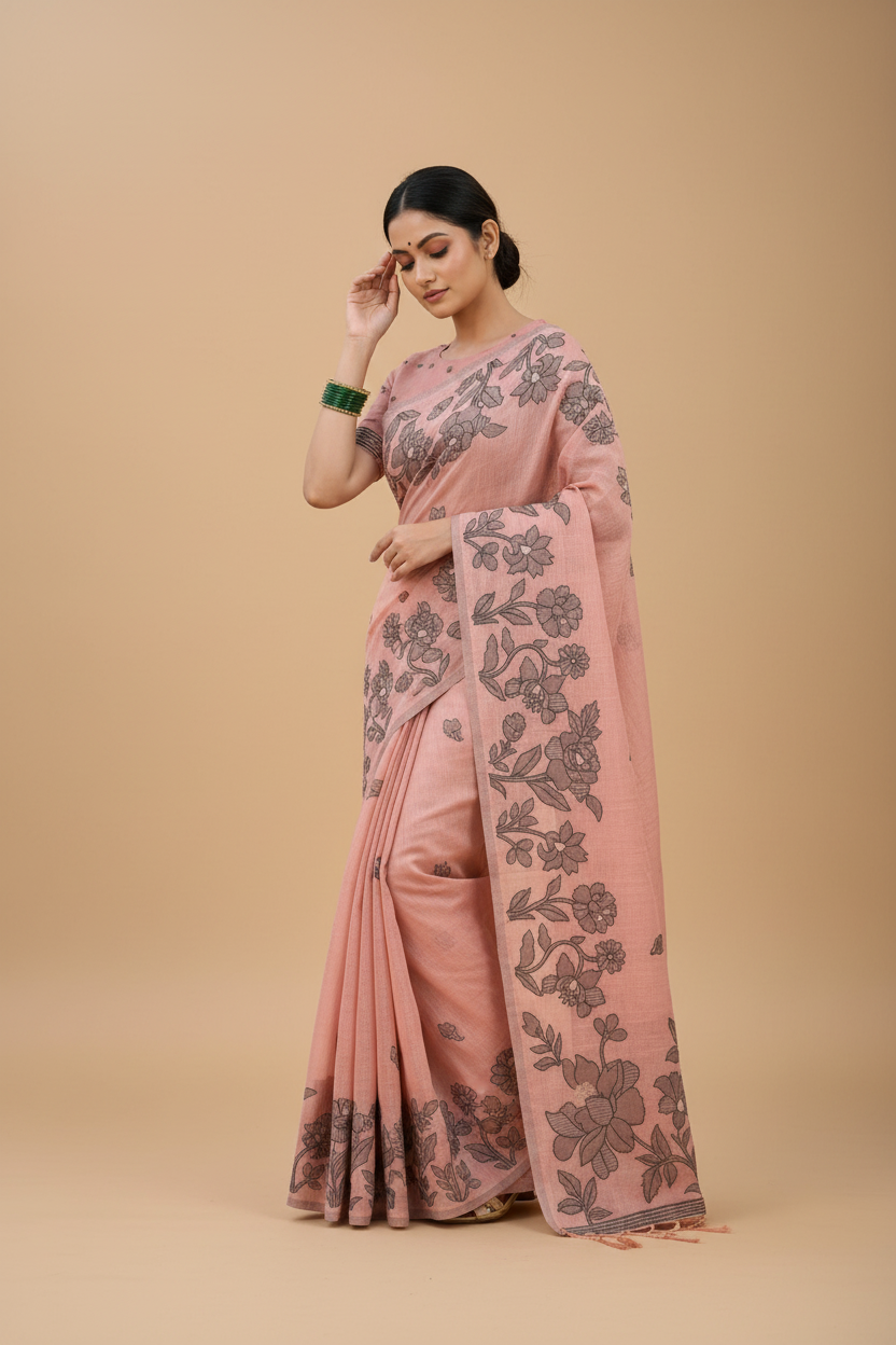 Snuggle Spot Women's Linen Cotton Printed Saree With Unstitched Blouse 5.5Mtr (Peach)
