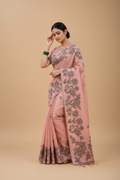 Snuggle Spot Women's Linen Cotton Printed Saree With Unstitched Blouse 5.5Mtr (Peach)