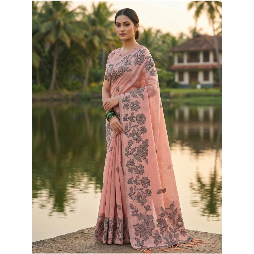 Snuggle Spot Women's Linen Cotton Printed Saree With Unstitched Blouse 5.5Mtr (Peach)