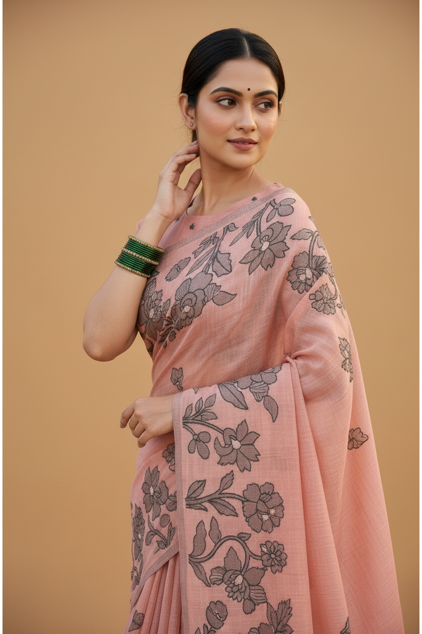 Snuggle Spot Women's Linen Cotton Printed Saree With Unstitched Blouse 5.5Mtr (Peach)