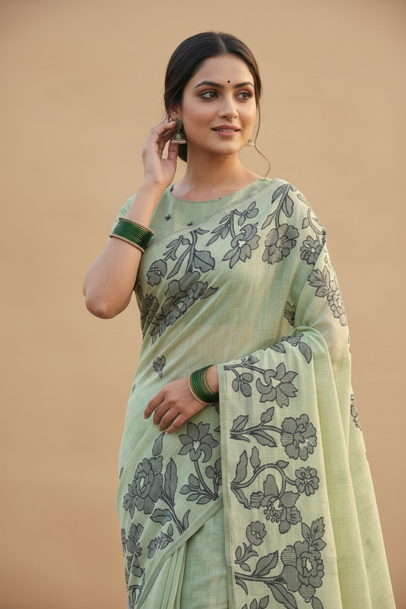 Snuggle Spot Women's Linen Cotton Printed Saree With Unstitched Blouse 5.5Mtr (Light Green)