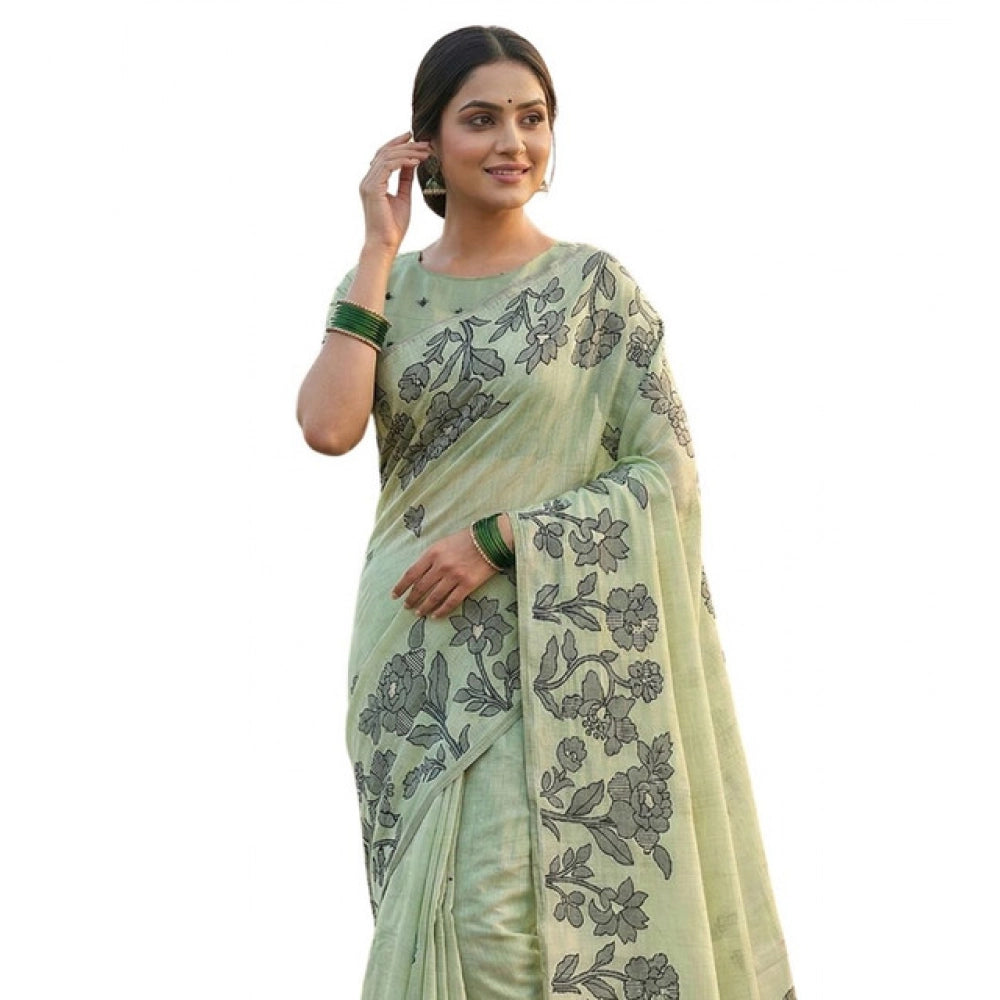 Snuggle Spot Women's Linen Cotton Printed Saree With Unstitched Blouse 5.5Mtr (Light Green)