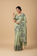 Snuggle Spot Women's Linen Cotton Printed Saree With Unstitched Blouse 5.5Mtr (Light Green)