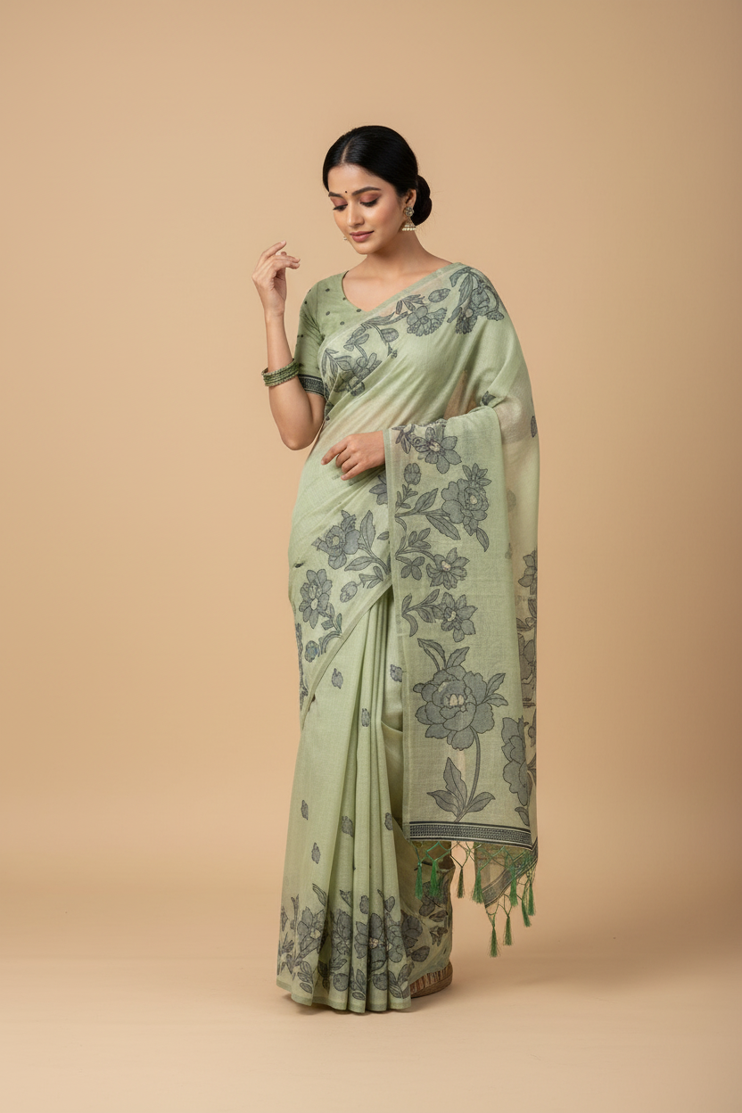 Snuggle Spot Women's Linen Cotton Printed Saree With Unstitched Blouse 5.5Mtr (Light Green)