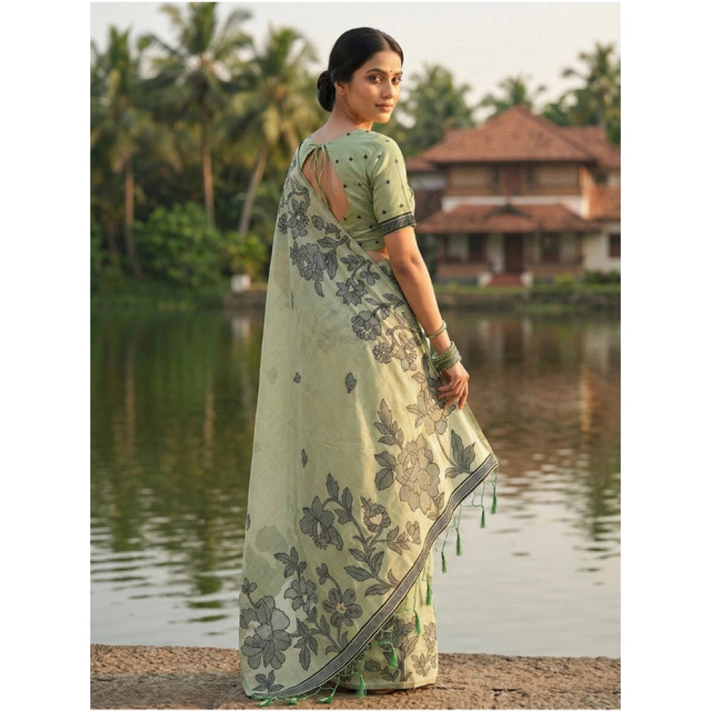 Snuggle Spot Women's Linen Cotton Printed Saree With Unstitched Blouse 5.5Mtr (Light Green)