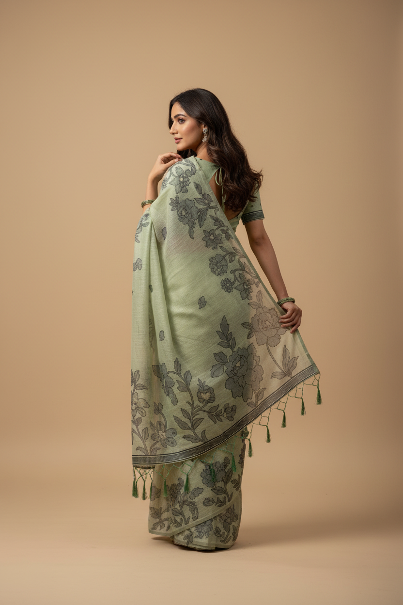 Snuggle Spot Women's Linen Cotton Printed Saree With Unstitched Blouse 5.5Mtr (Light Green)
