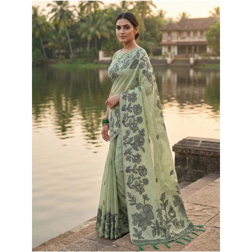 Snuggle Spot Women's Linen Cotton Printed Saree With Unstitched Blouse 5.5Mtr (Light Green)