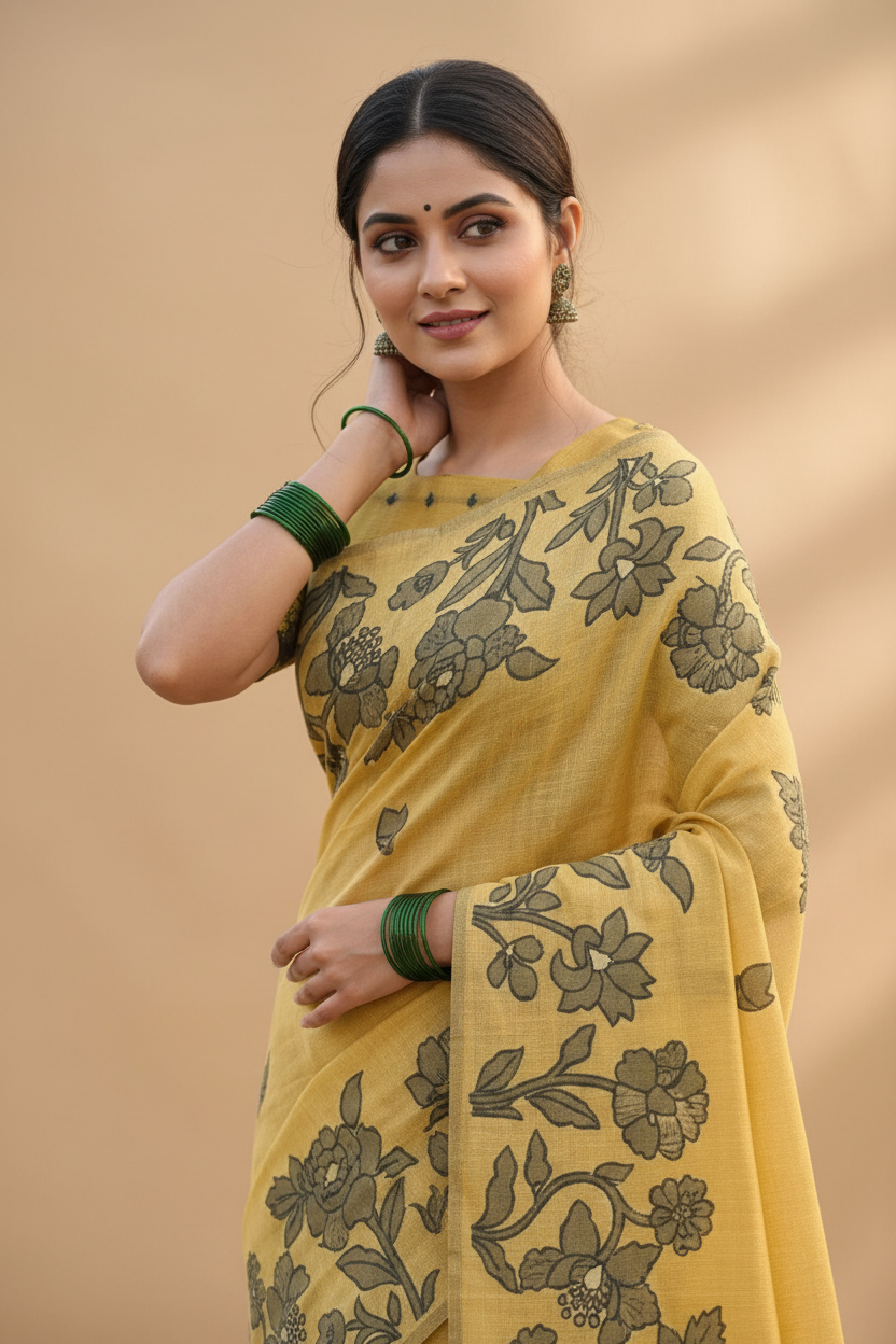 Snuggle Spot Women's Linen Cotton Printed Saree With Unstitched Blouse 5.5Mtr (Yellow)