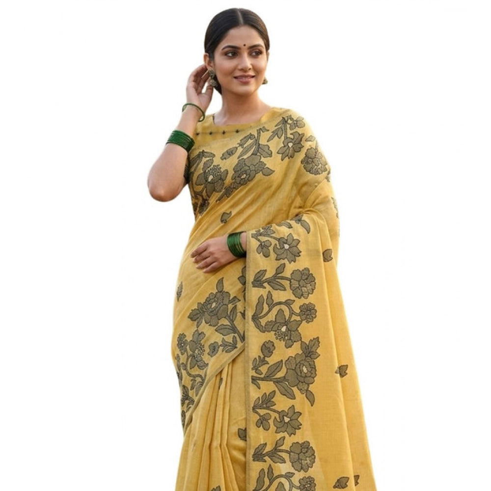 Snuggle Spot Women's Linen Cotton Printed Saree With Unstitched Blouse 5.5Mtr (Yellow)