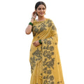 Snuggle Spot Women's Linen Cotton Printed Saree With Unstitched Blouse 5.5Mtr (Yellow)