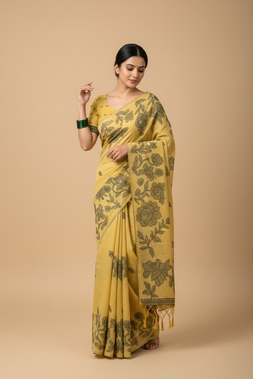 Snuggle Spot Women's Linen Cotton Printed Saree With Unstitched Blouse 5.5Mtr (Yellow)