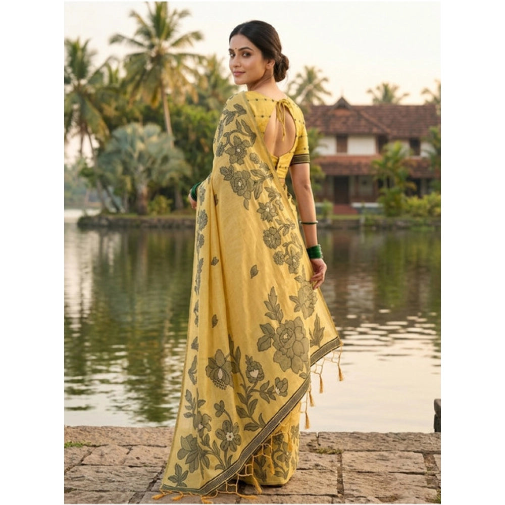 Snuggle Spot Women's Linen Cotton Printed Saree With Unstitched Blouse 5.5Mtr (Yellow)