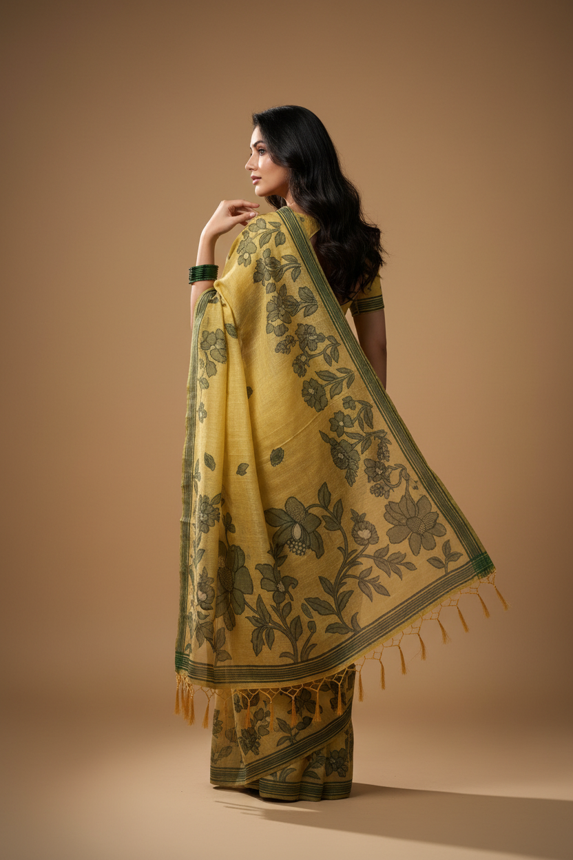 Snuggle Spot Women's Linen Cotton Printed Saree With Unstitched Blouse 5.5Mtr (Yellow)