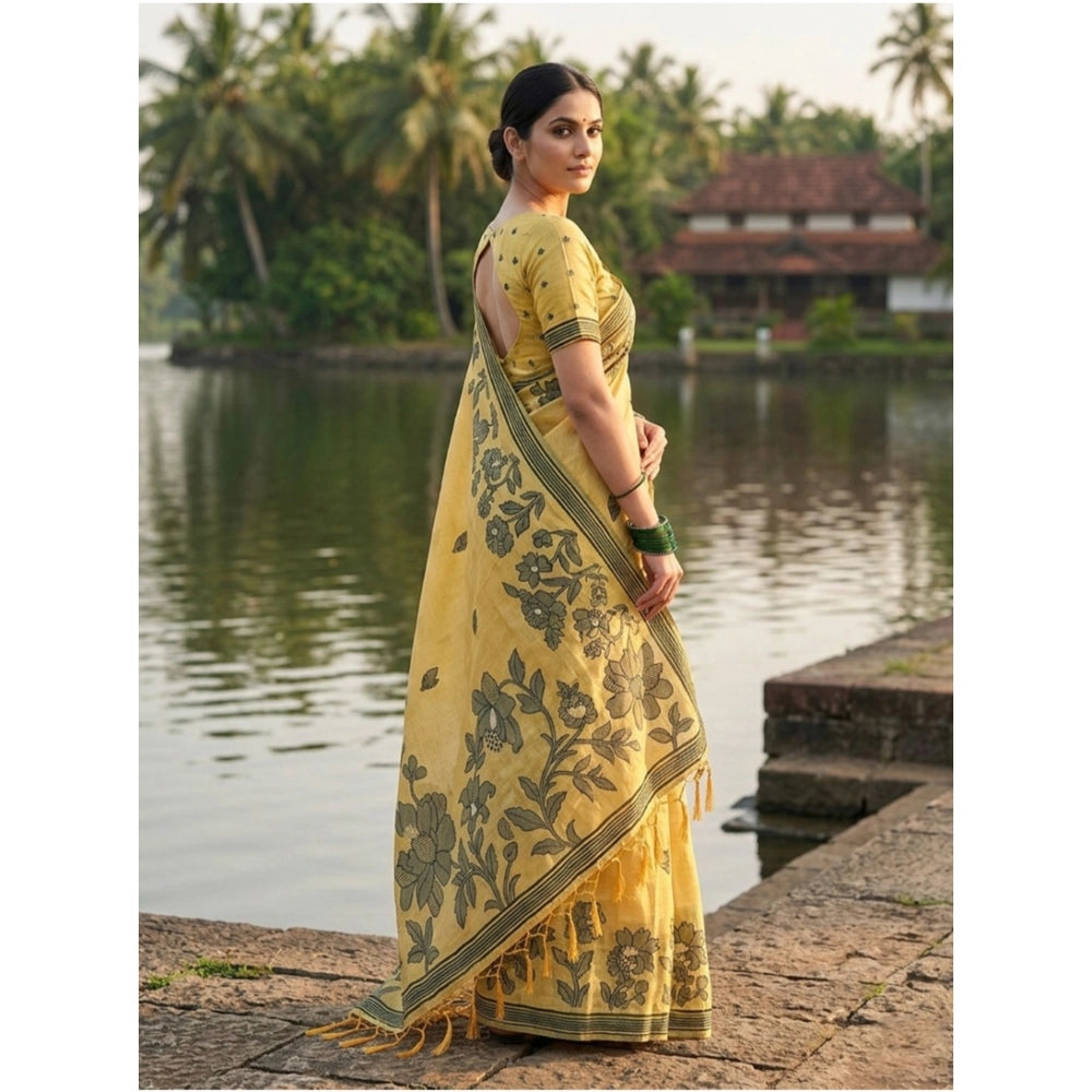 Snuggle Spot Women's Linen Cotton Printed Saree With Unstitched Blouse 5.5Mtr (Yellow)