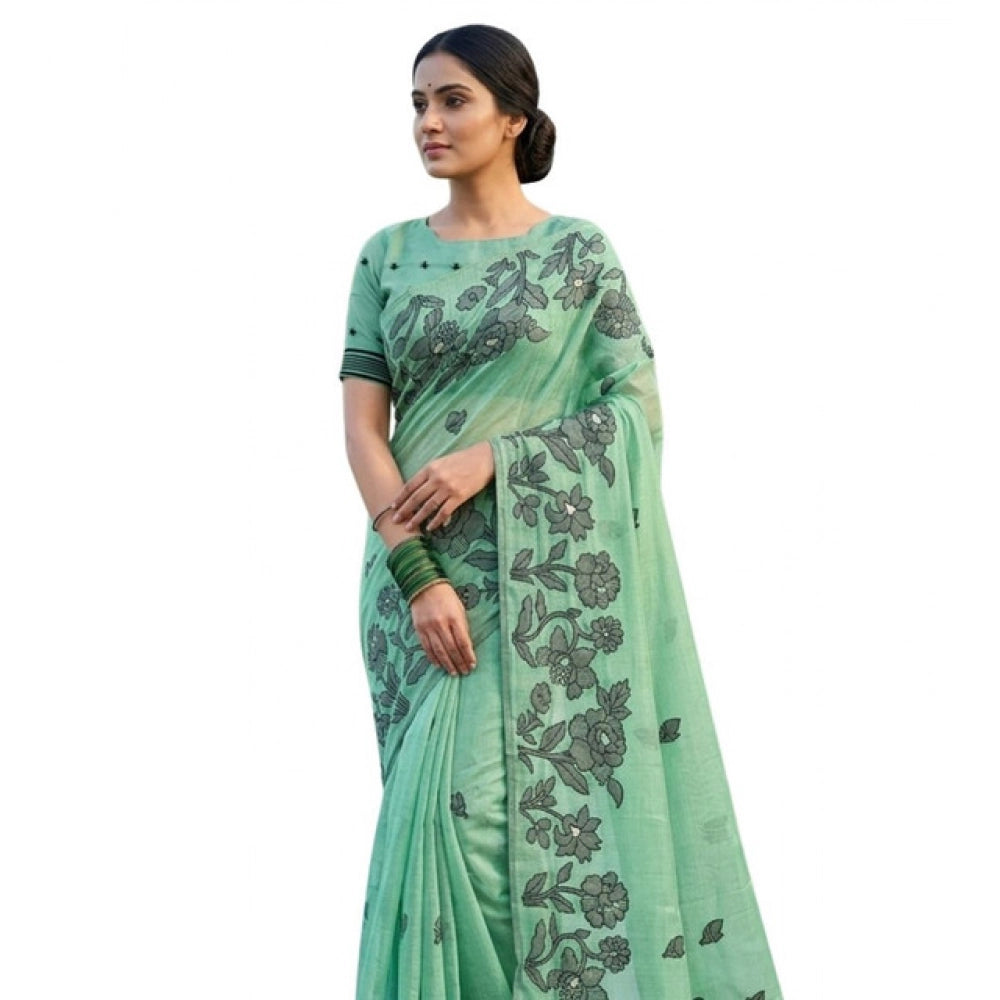 Snuggle Spot Women's Linen Cotton Printed Saree With Unstitched Blouse 5.5Mtr (Rama Green)