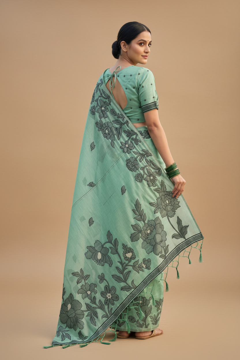 Snuggle Spot Women's Linen Cotton Printed Saree With Unstitched Blouse 5.5Mtr (Rama Green)