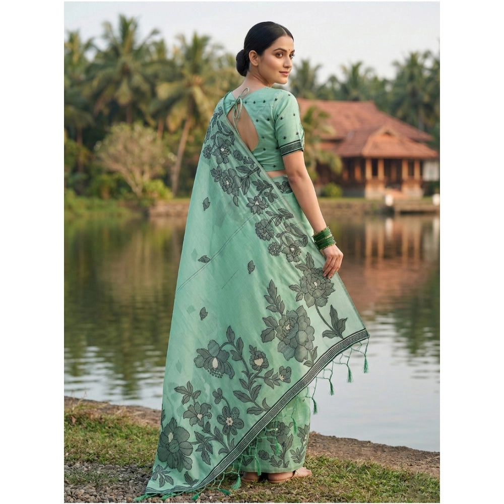 Snuggle Spot Women's Linen Cotton Printed Saree With Unstitched Blouse 5.5Mtr (Rama Green)