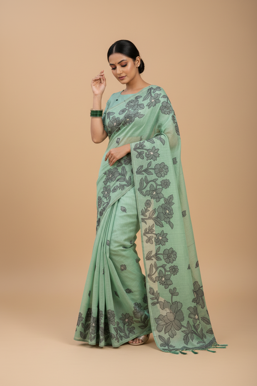 Snuggle Spot Women's Linen Cotton Printed Saree With Unstitched Blouse 5.5Mtr (Rama Green)