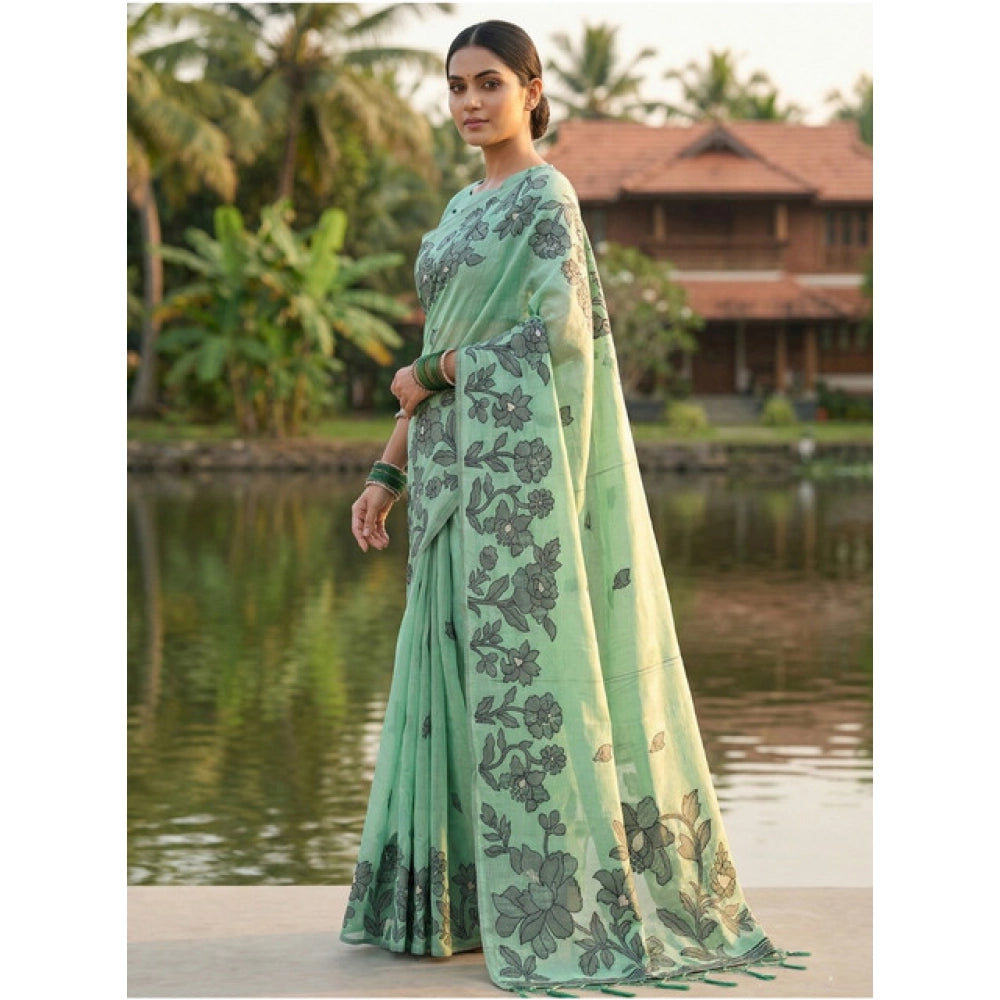 Snuggle Spot Women's Linen Cotton Printed Saree With Unstitched Blouse 5.5Mtr (Rama Green)