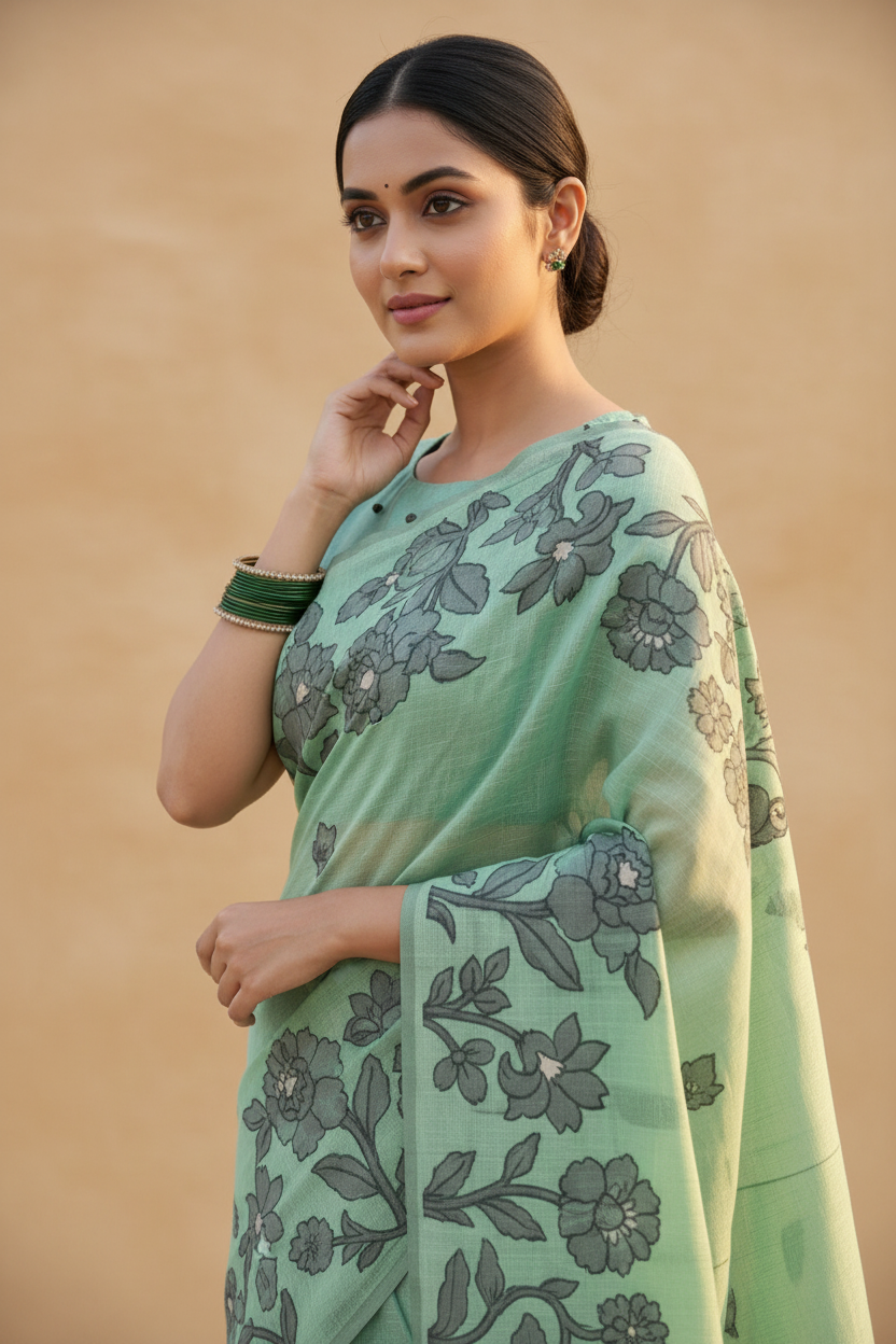 Snuggle Spot Women's Linen Cotton Printed Saree With Unstitched Blouse 5.5Mtr (Rama Green)