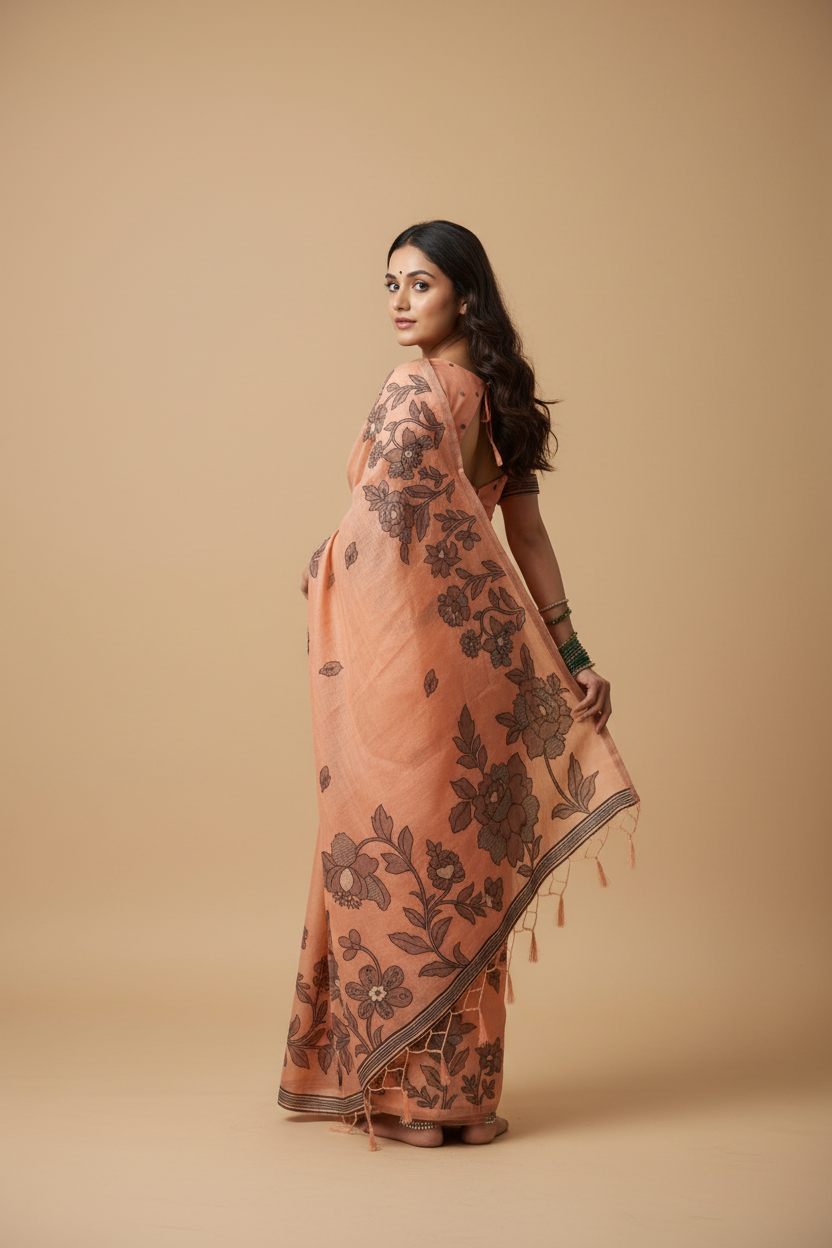 Snuggle Spot Women's Linen Cotton Printed Saree With Unstitched Blouse 5.5Mtr (Orange)