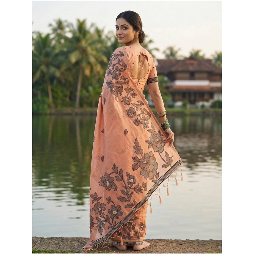 Snuggle Spot Women's Linen Cotton Printed Saree With Unstitched Blouse 5.5Mtr (Orange)